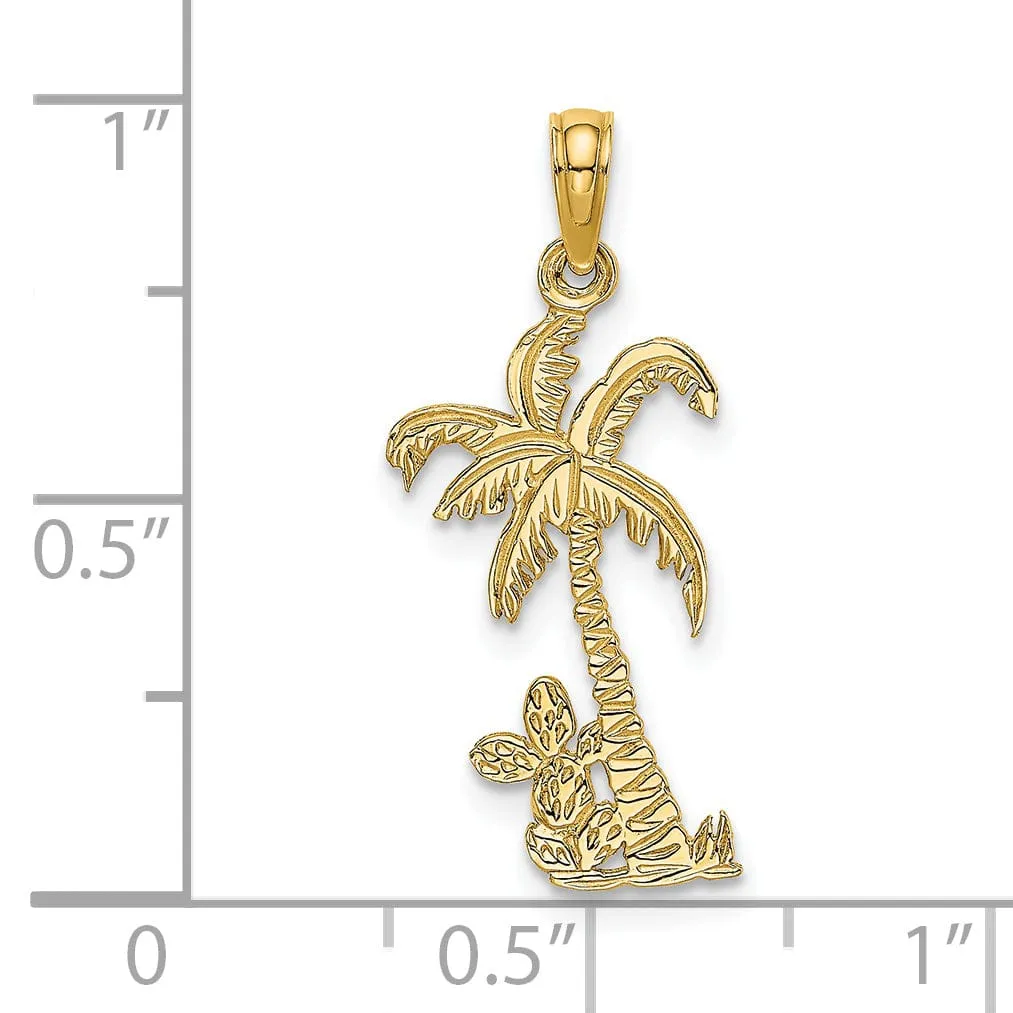 14K Yellow Gold Solid Polished Textured Finish Flat Back Palm Tree with Cactus Charm Pendant