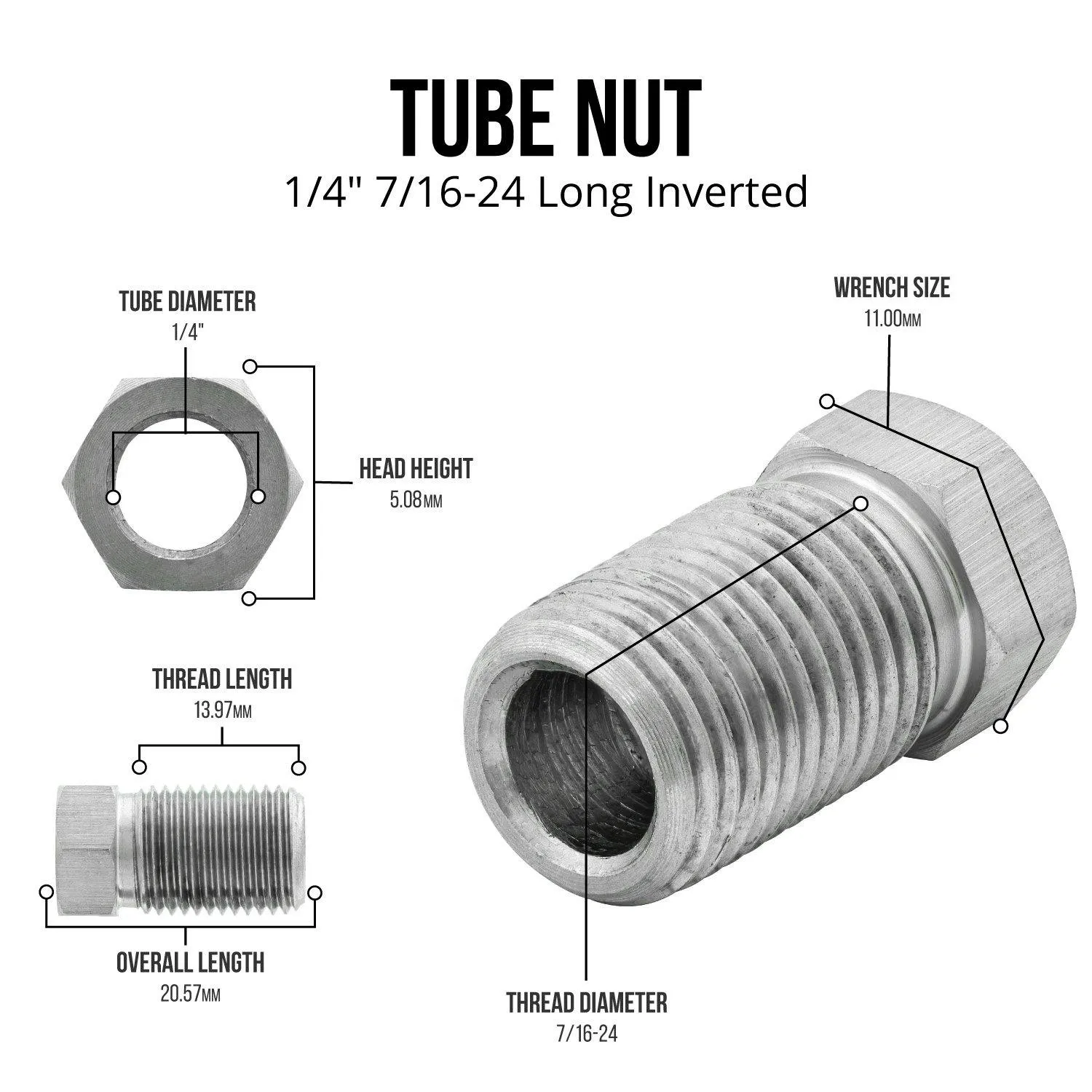 1/4" (7/16-24 Inverted) Long Tube Nut Stainless Steel | 10ct