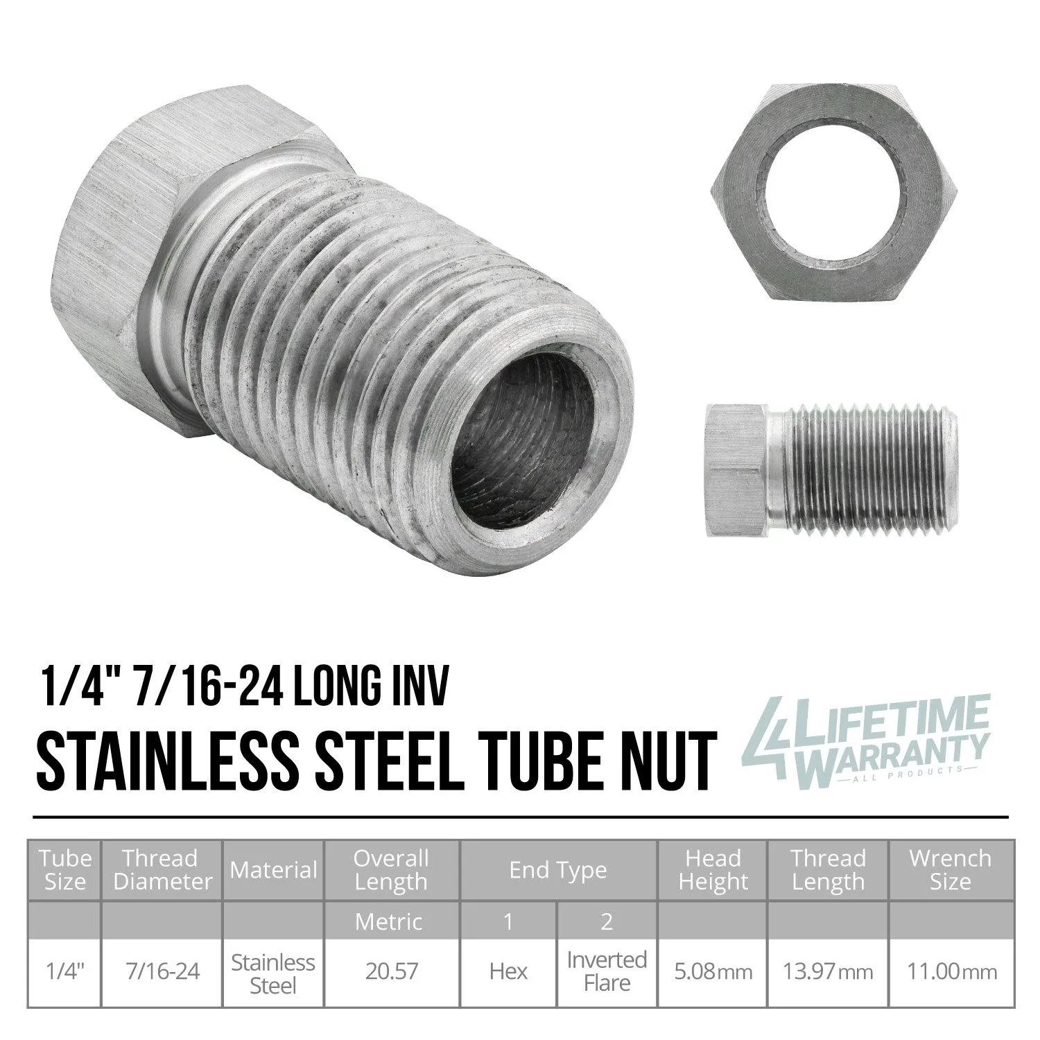 1/4" (7/16-24 Inverted) Long Tube Nut Stainless Steel | 10ct