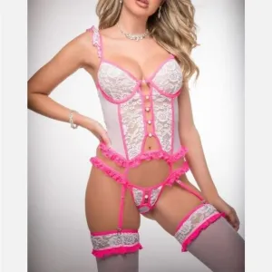2 Pc Corset Garter Teddy With Cut Outs and Stockings - One Size - White Pink Fev