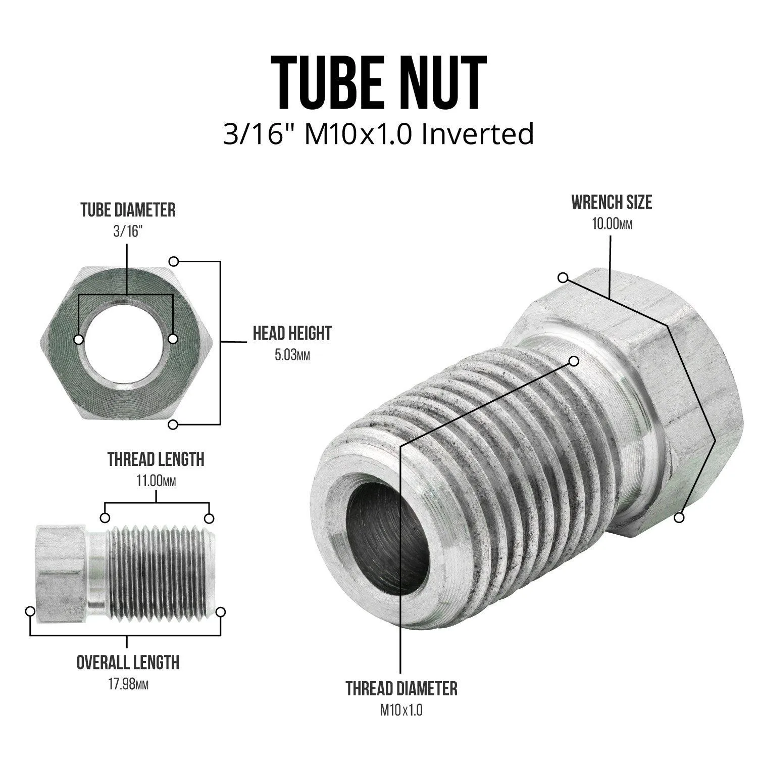 3/16" (M10x1.0 Inverted) Stainless Steel Tube Nut | 10ct