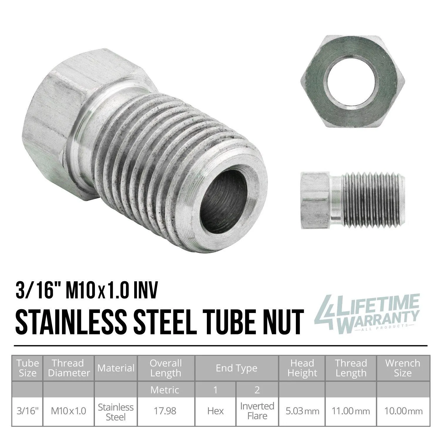3/16" (M10x1.0 Inverted) Stainless Steel Tube Nut | 10ct