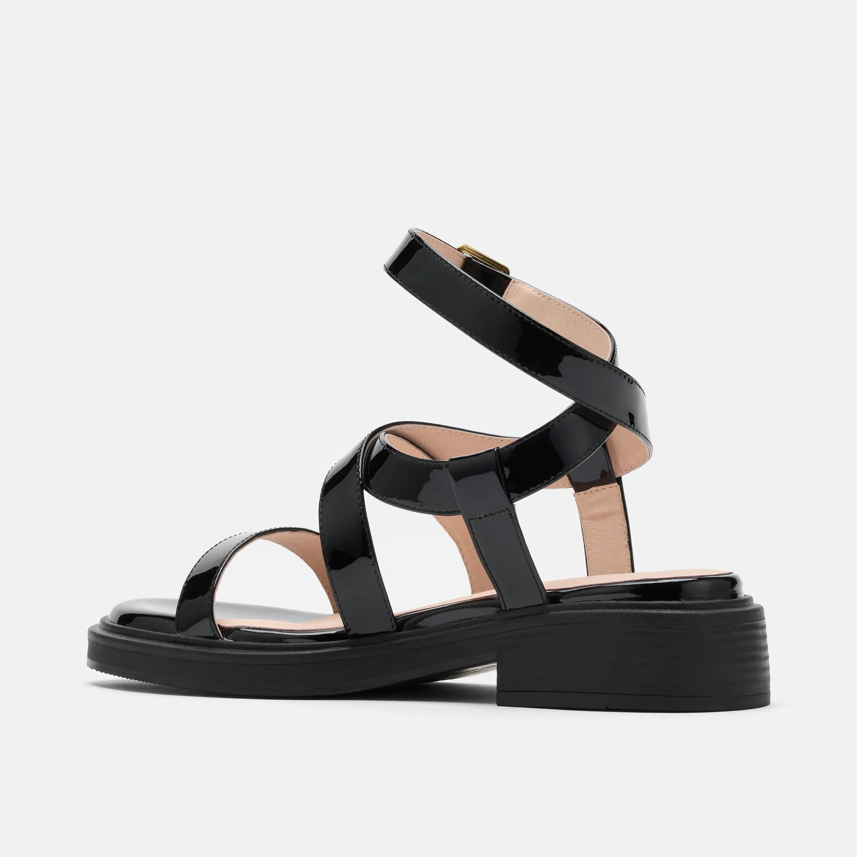 Adriana Black Patent Strappy Block Heel Sandal