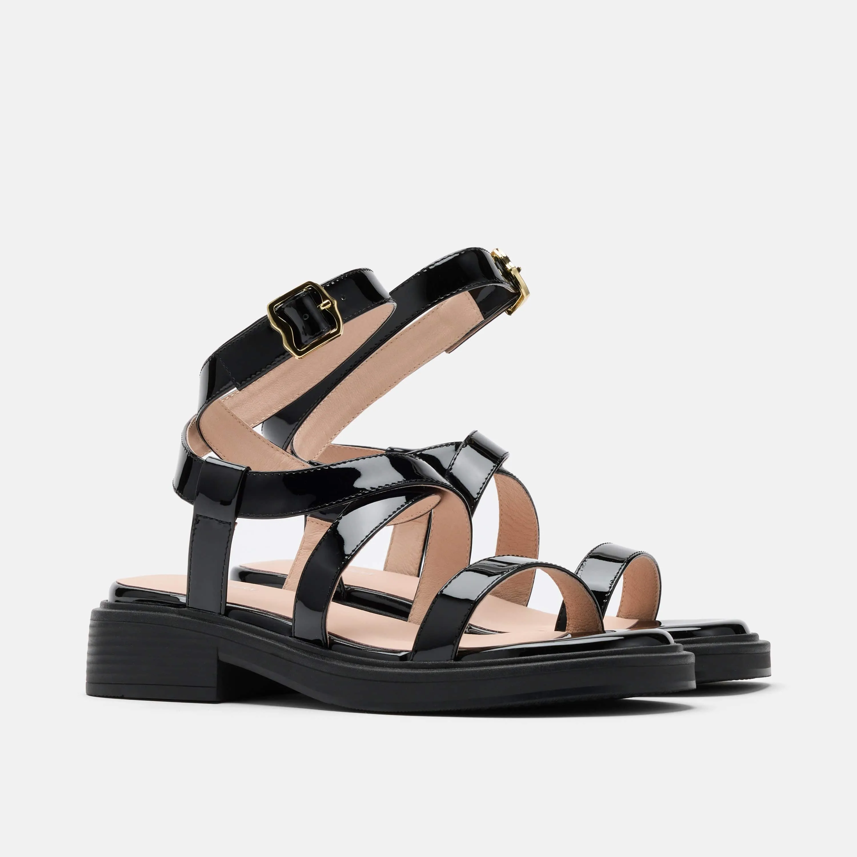 Adriana Black Patent Strappy Block Heel Sandal