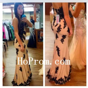 Backless Prom Dresses,Applique Prom Dress,Black Evening Dresses