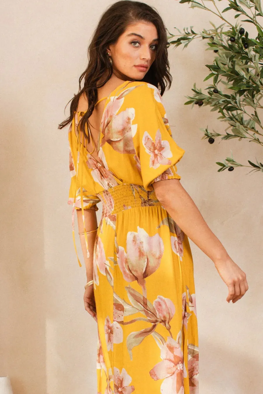 BiBi Floral Print Open Tie Back Maxi Dress