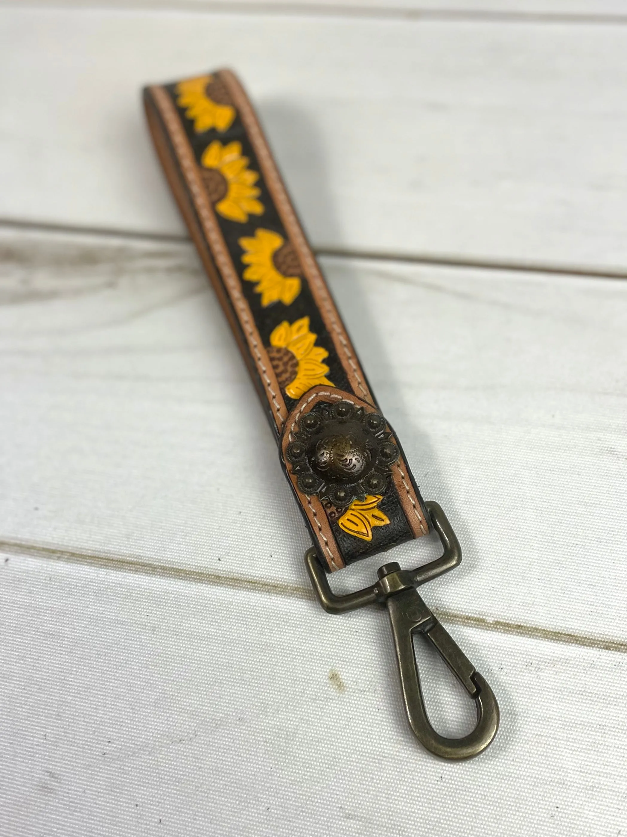 Black Background Sunflowers Tooled Wristlet Leather Keychain