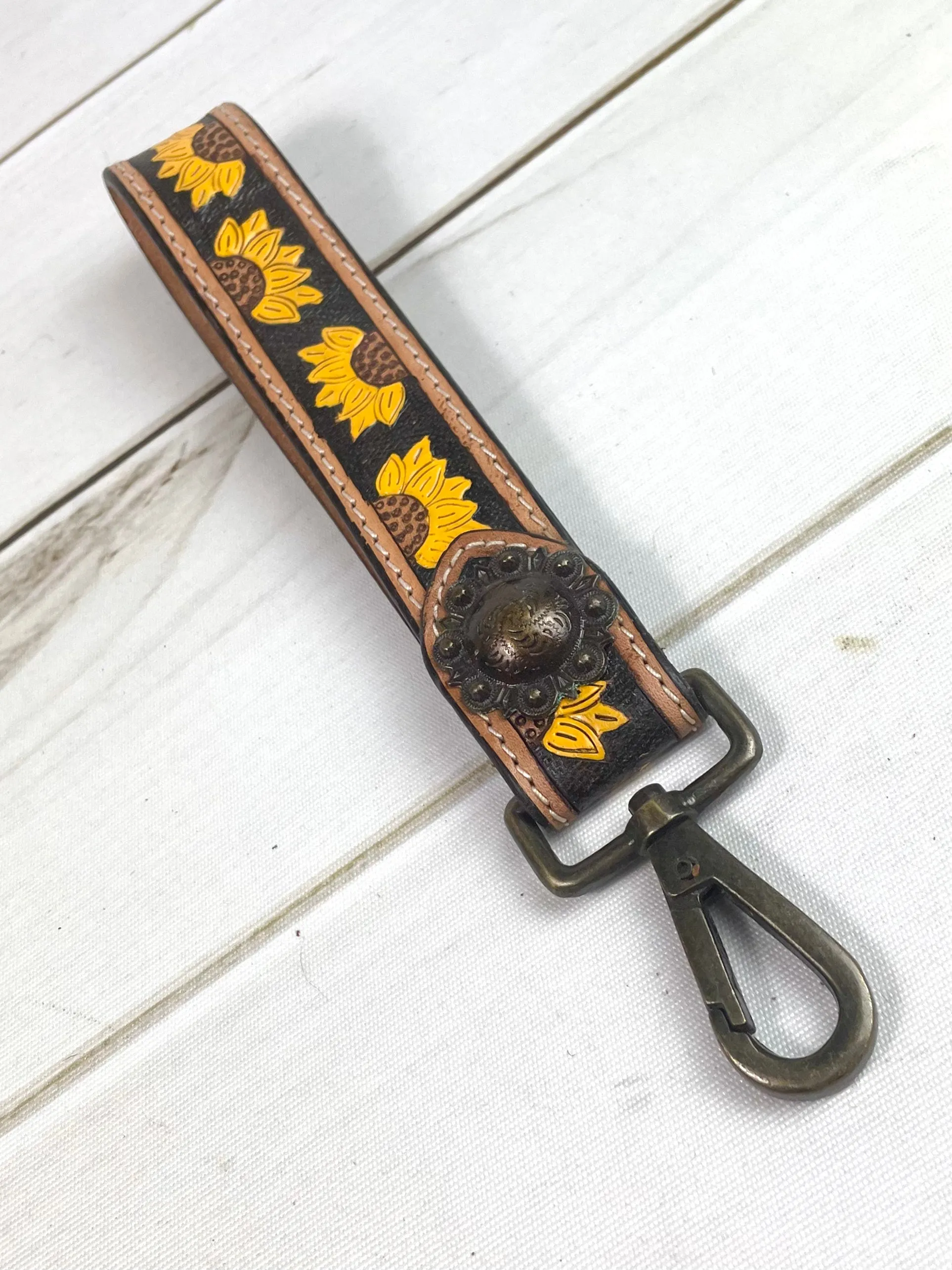 Black Background Sunflowers Tooled Wristlet Leather Keychain