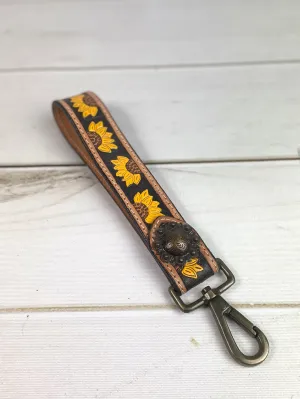 Black Background Sunflowers Tooled Wristlet Leather Keychain