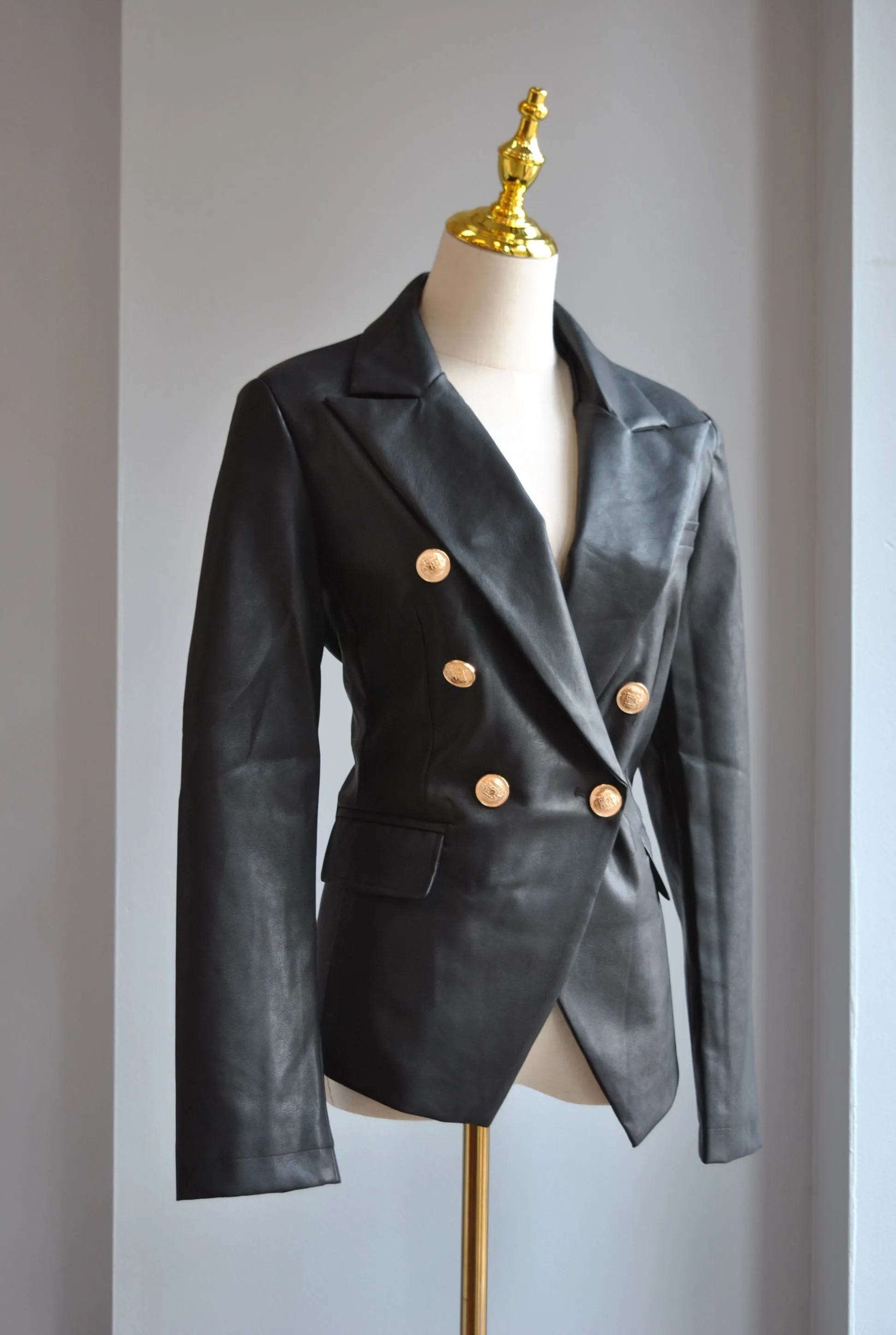 BLACK FAUX LEATHER DOUBLE BREASTED JACKET
