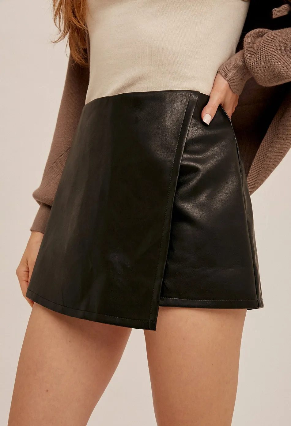 Black Faux Leather Skort