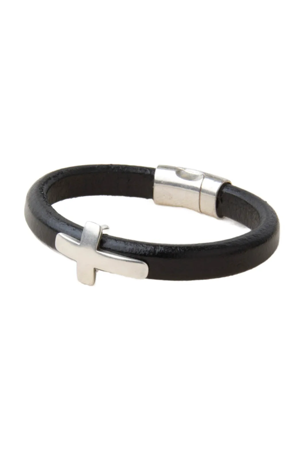 Black Italian Leather Station Bracelet with Cross Accent