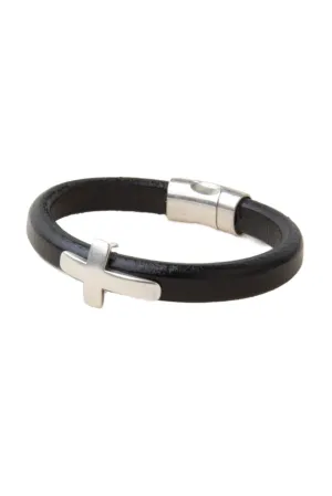 Black Italian Leather Station Bracelet with Cross Accent