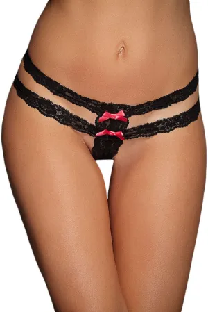 Black Lace Straps Satin Bow Naughty Thong