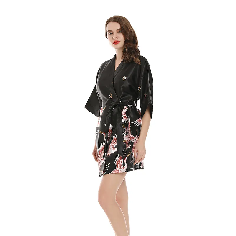 Celestial Crane Short Satin Kimono Robe