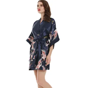 Celestial Crane Short Satin Kimono Robe
