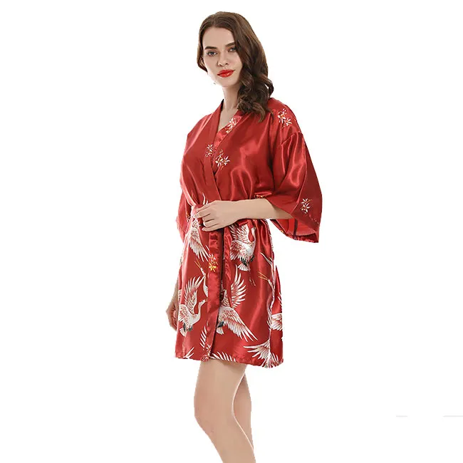 Celestial Crane Short Satin Kimono Robe