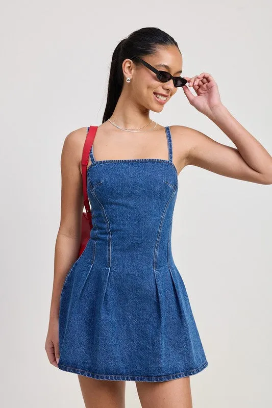 Chic Denim A Line Pleated Mini Dress