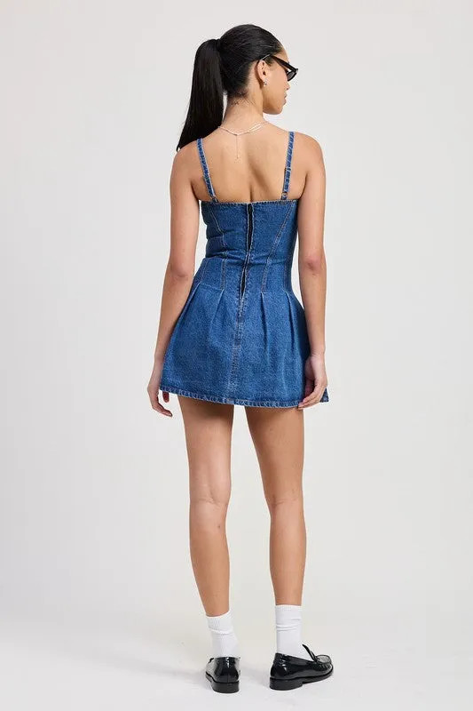 Chic Denim A Line Pleated Mini Dress