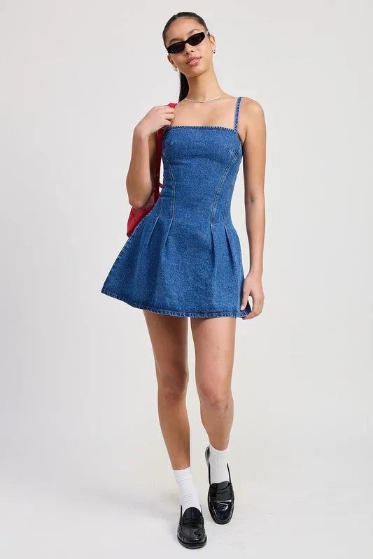 Chic Denim A Line Pleated Mini Dress