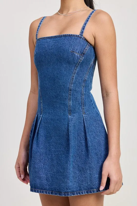 Chic Denim A Line Pleated Mini Dress