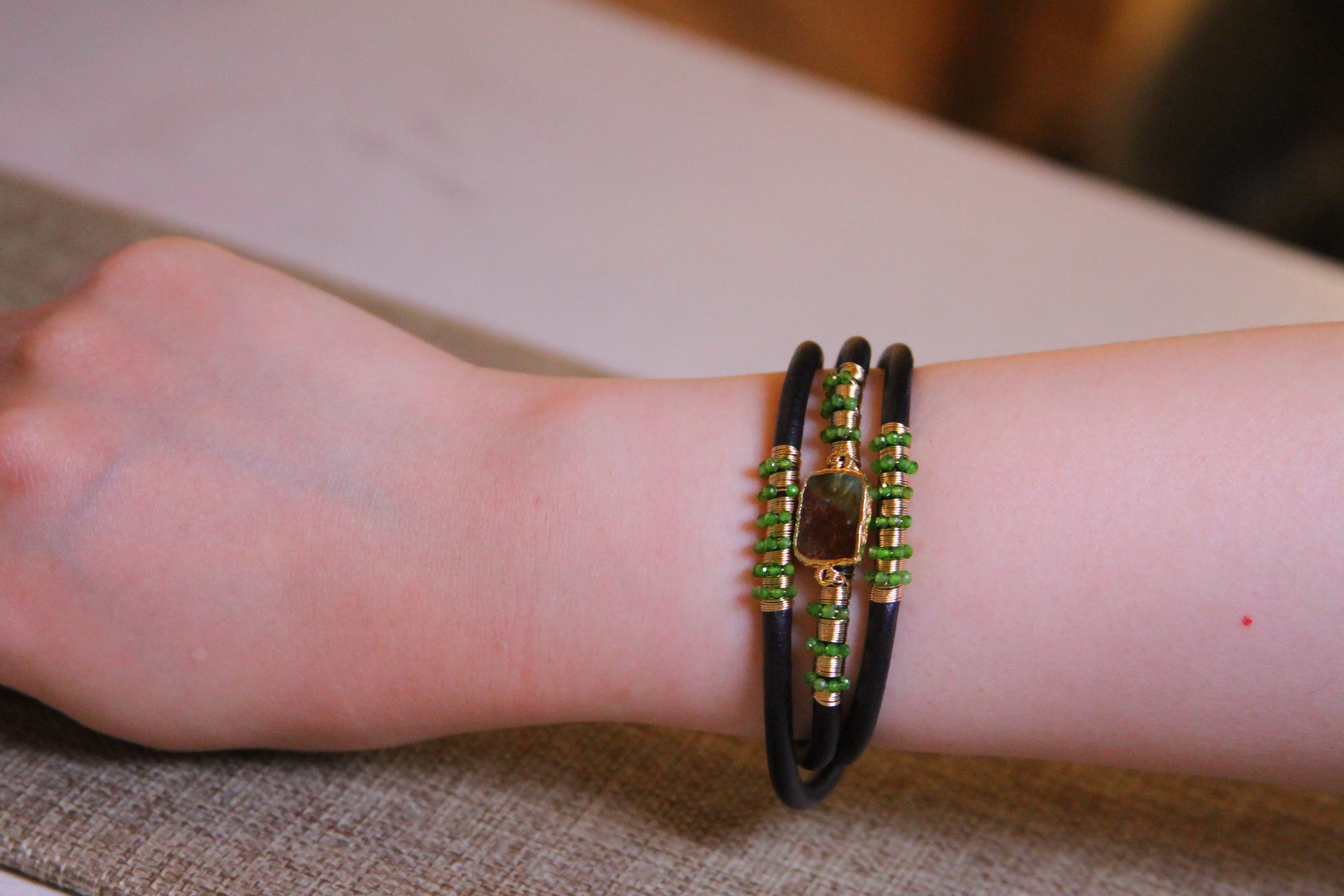 Chrysoprase Triple Black Leather Bracelet