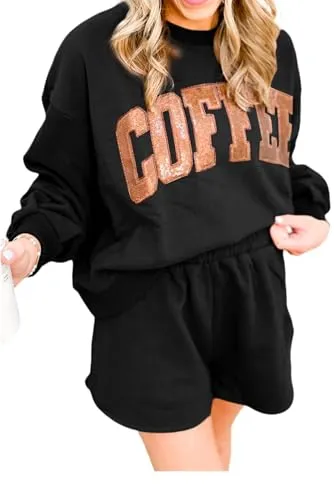 Coffee Letter Round Neck Two-Piece Set – Autumn & Spring Loose Fit Sweatshirt   Shorts for Relaxed Streetwear Vibes