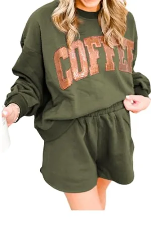 Coffee Letter Round Neck Two-Piece Set – Autumn & Spring Loose Fit Sweatshirt   Shorts for Relaxed Streetwear Vibes
