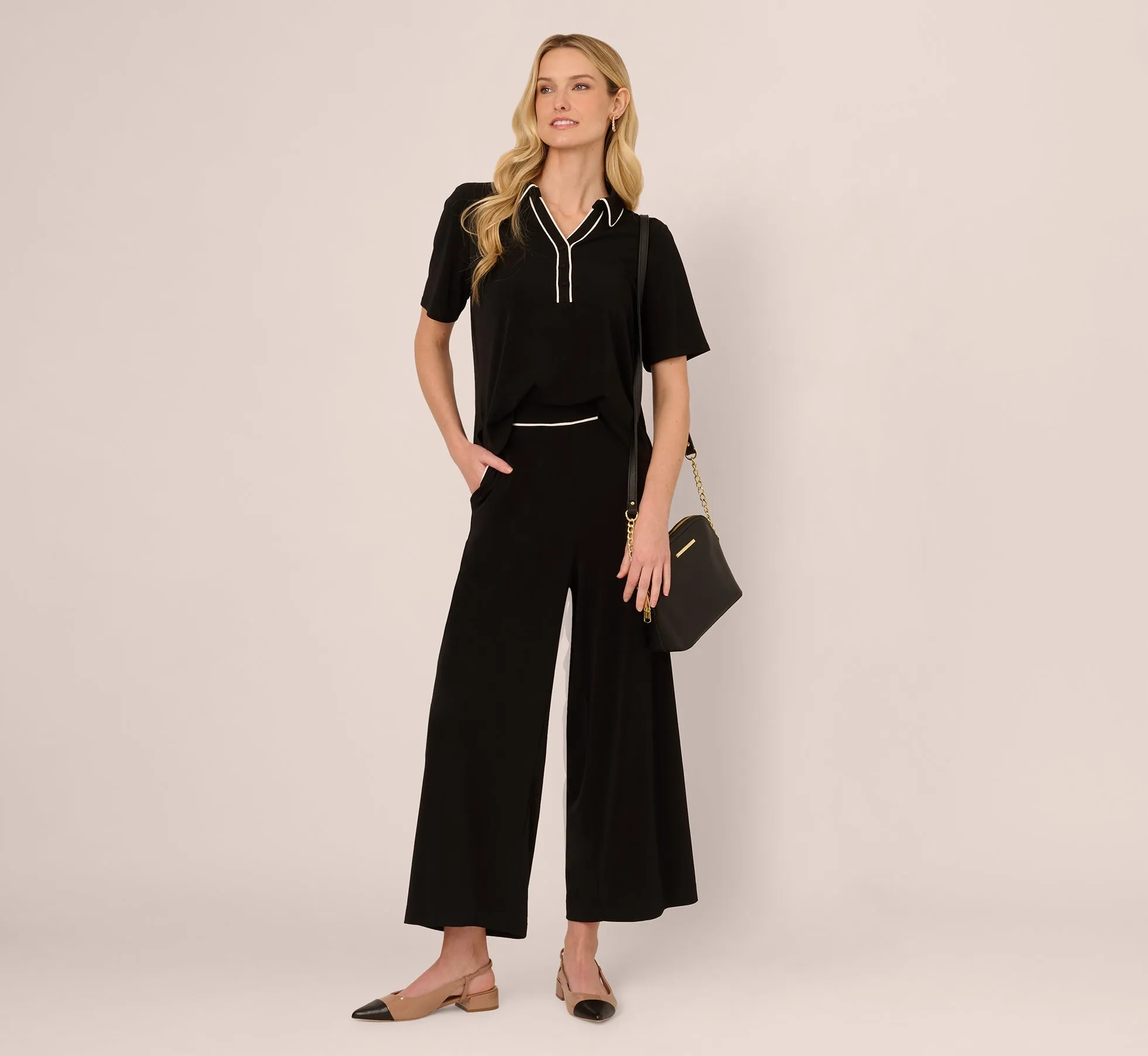 Contrast Tipping Knit Polo And Pant Set In Black Ivory