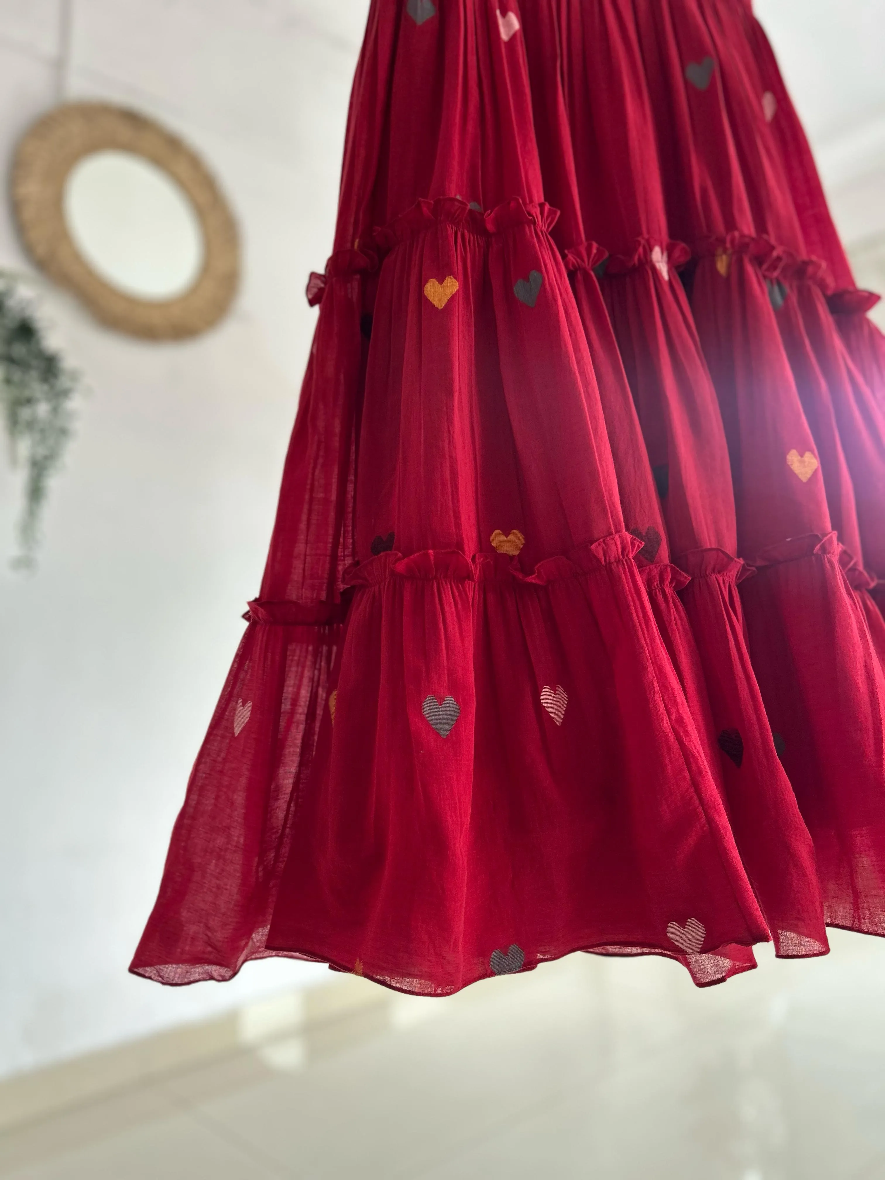 Crimson Charm – Red Jamdhani Tiered Dress