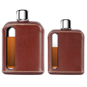 Dark Brown Leather Glass Flask Gift Set (Single Shot 100mL   Double Shot 240mL)
