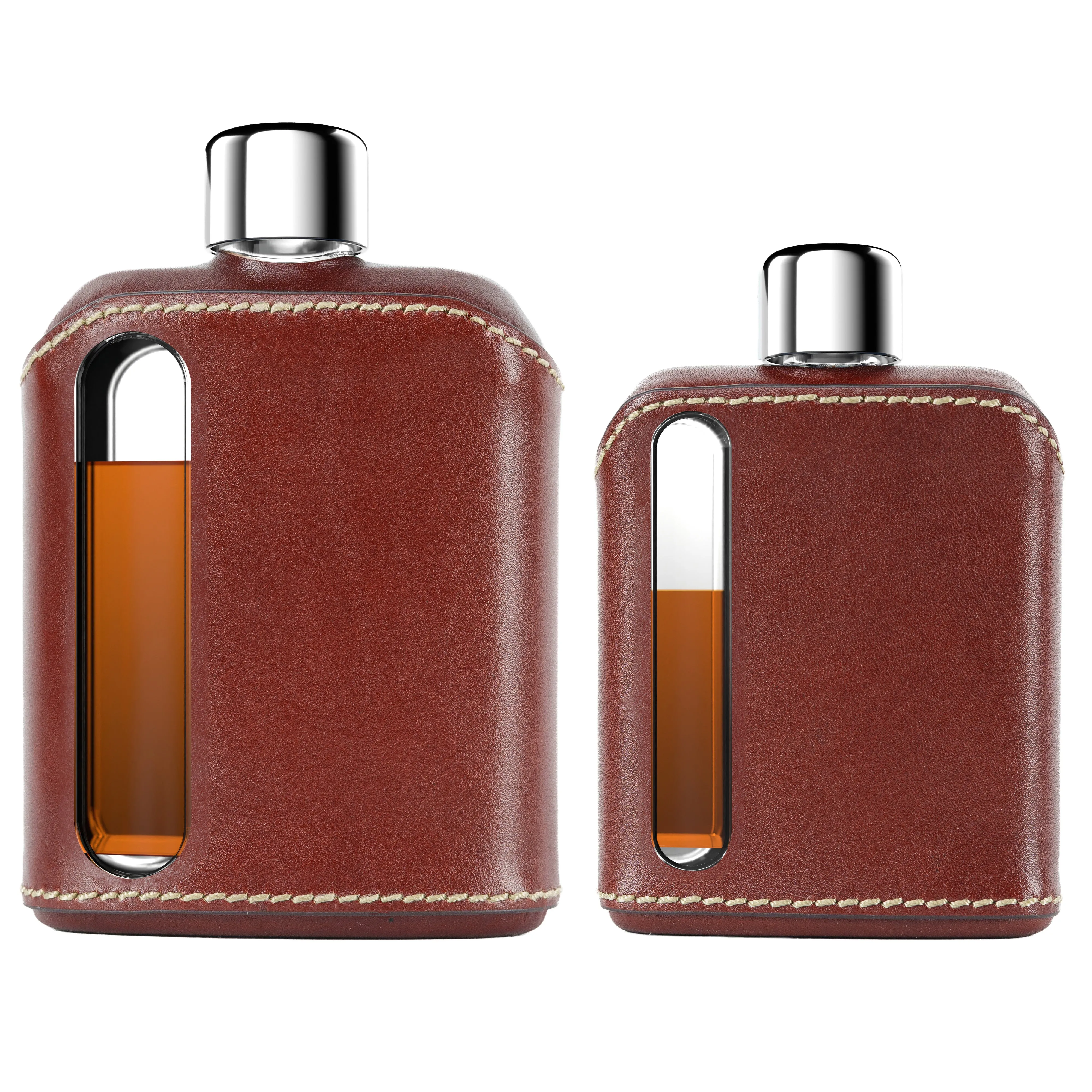 Dark Brown Leather Glass Flask Gift Set (Single Shot 100mL   Double Shot 240mL)