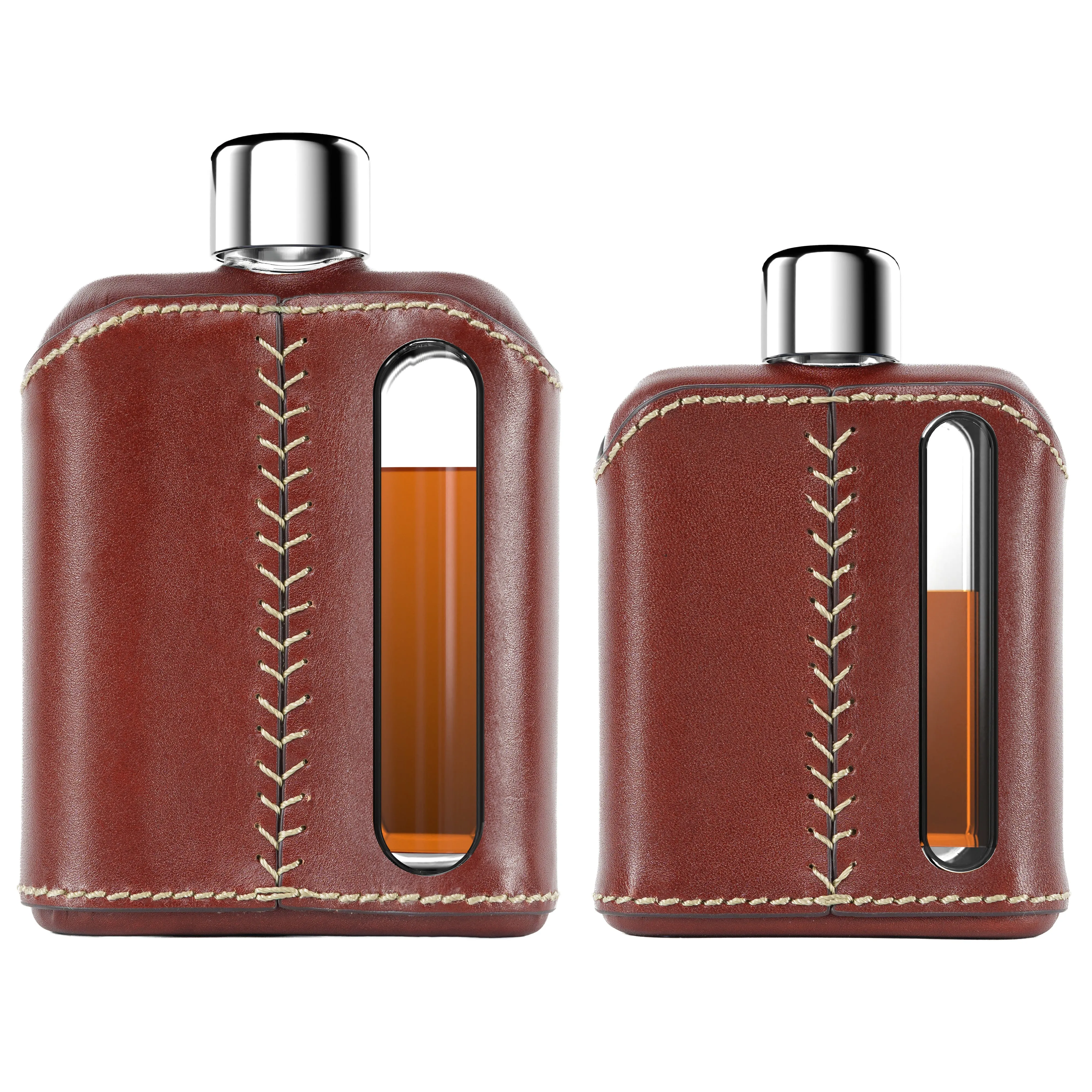 Dark Brown Leather Glass Flask Gift Set (Single Shot 100mL   Double Shot 240mL)