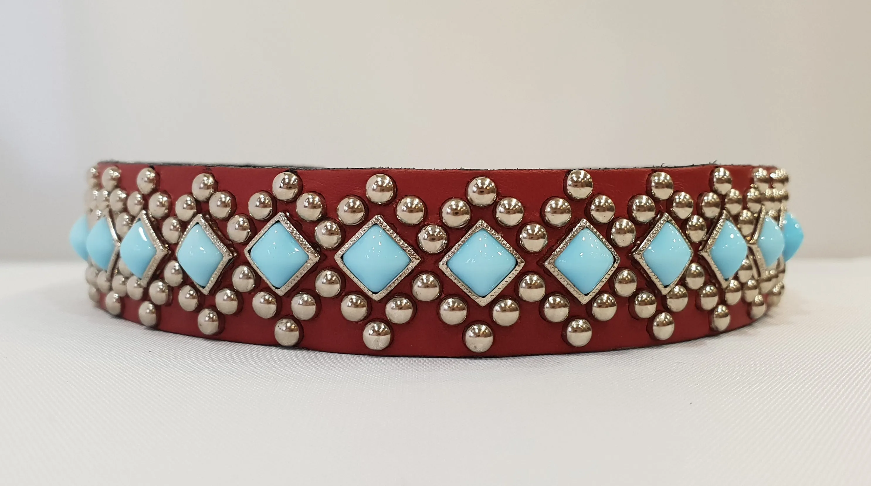 Diamond S 1"  Collar - Red Leather / Turquoise Stones