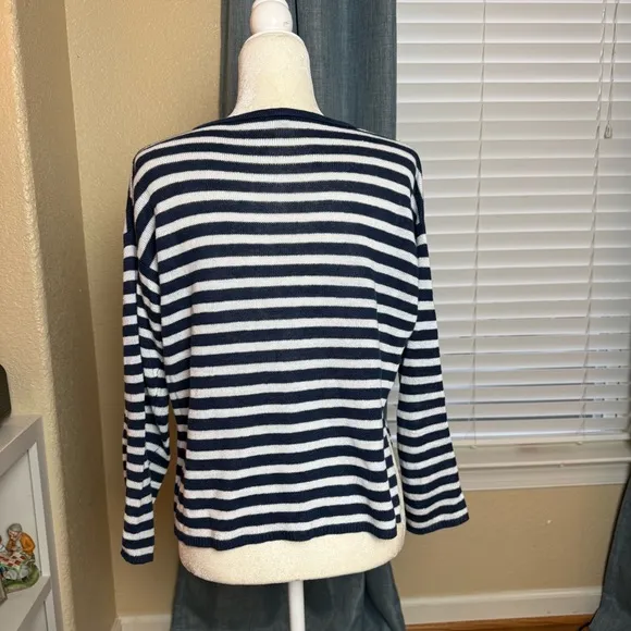 Eileen Fisher 100% Organic Linen Sweater Navy and White Striped Sz XXS