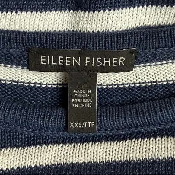 Eileen Fisher 100% Organic Linen Sweater Navy and White Striped Sz XXS