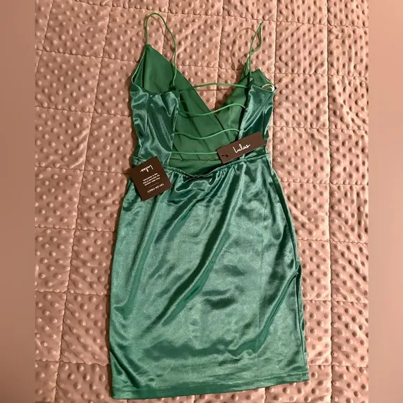 Featured Flirt Emerald Green Satin Strappy Bodycon Mini Dress
