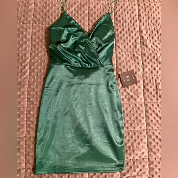 Featured Flirt Emerald Green Satin Strappy Bodycon Mini Dress