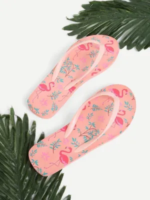 Flamingo Print Flat Slippers