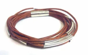 Genuine Leather Silver Plated Light Brown Wrap Bracelet