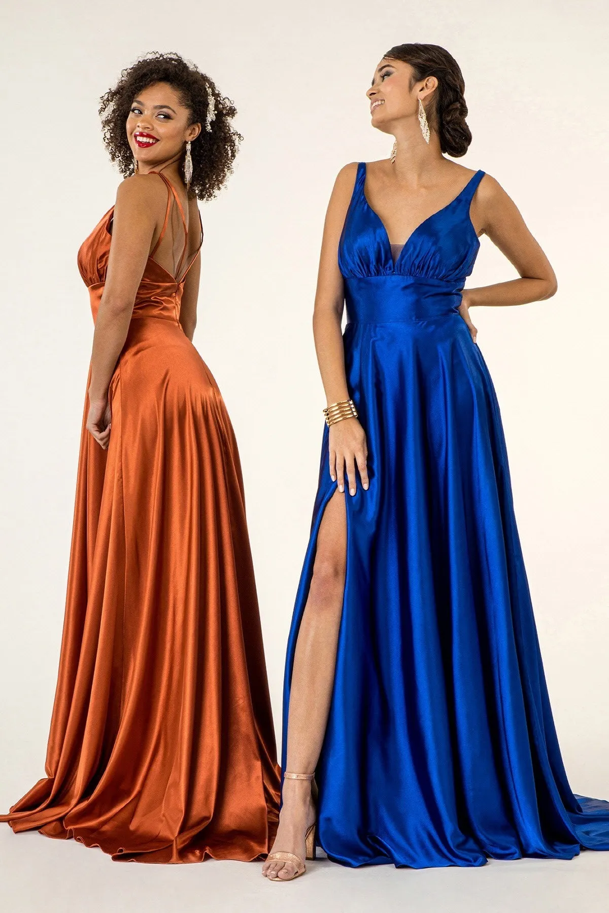 GL 2963 - Stretch Satin A-Line Prom Gown with Ruched V-Neck Bodice & Strappy Back