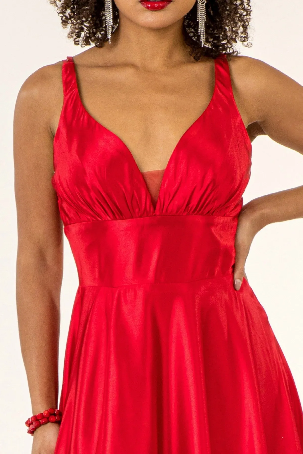 GL 2963 - Stretch Satin A-Line Prom Gown with Ruched V-Neck Bodice & Strappy Back