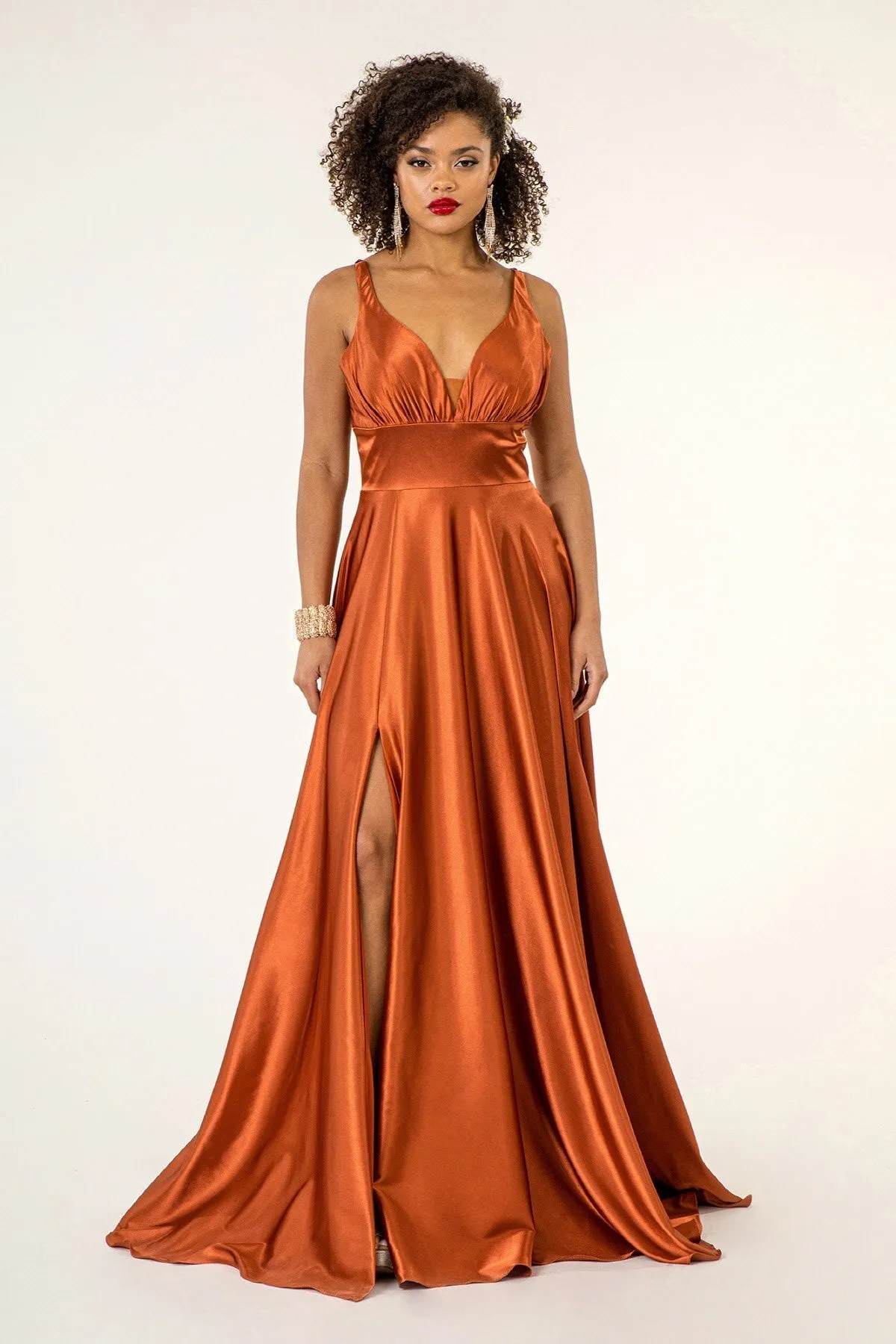 GL 2963 - Stretch Satin A-Line Prom Gown with Ruched V-Neck Bodice & Strappy Back