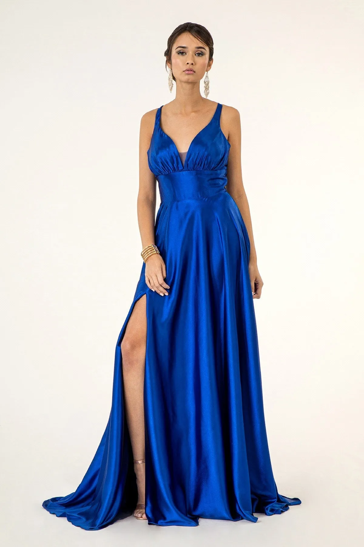 GL 2963 - Stretch Satin A-Line Prom Gown with Ruched V-Neck Bodice & Strappy Back