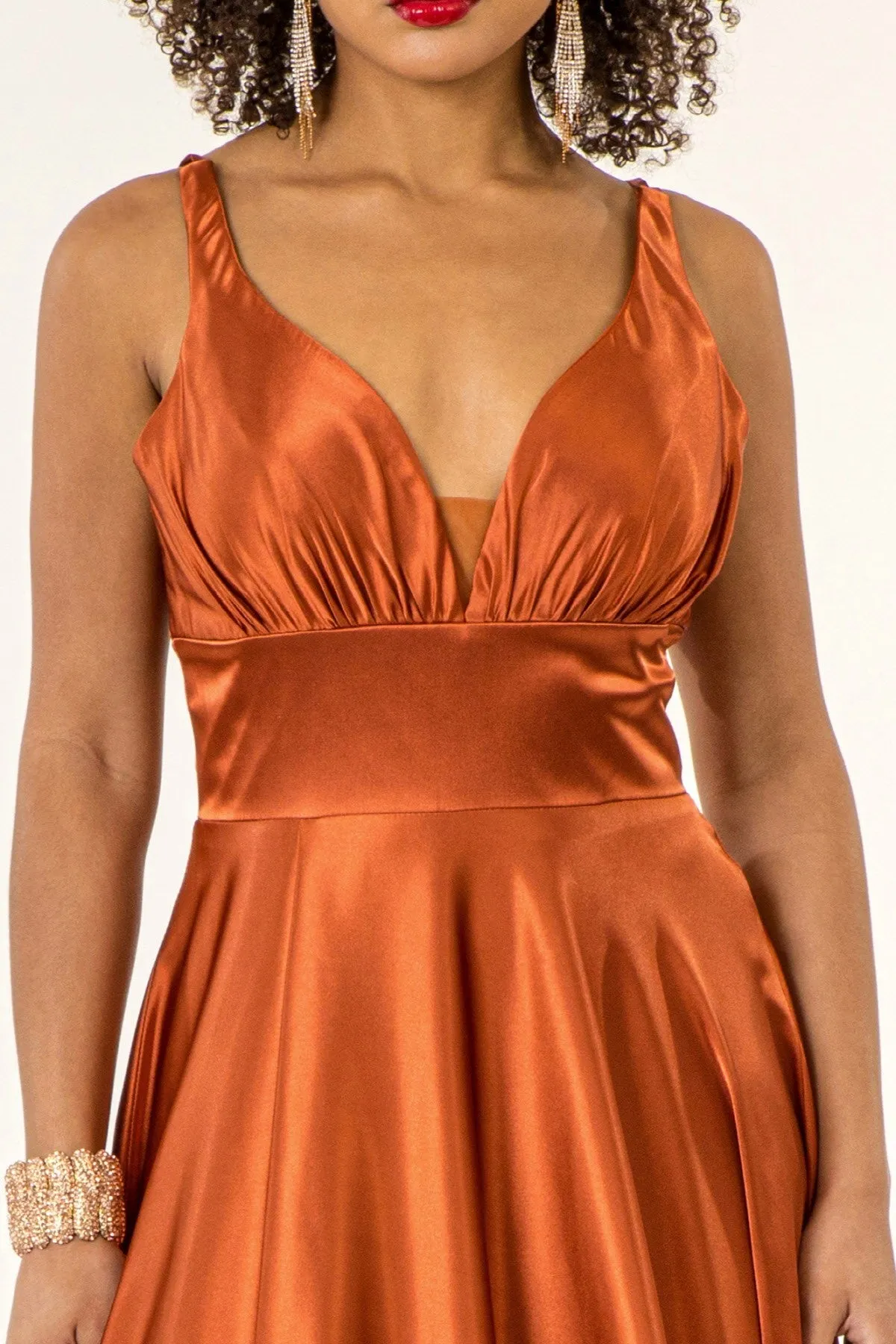GL 2963 - Stretch Satin A-Line Prom Gown with Ruched V-Neck Bodice & Strappy Back