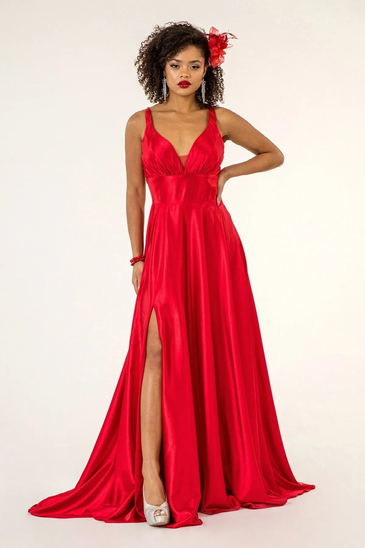 GL 2963 - Stretch Satin A-Line Prom Gown with Ruched V-Neck Bodice & Strappy Back