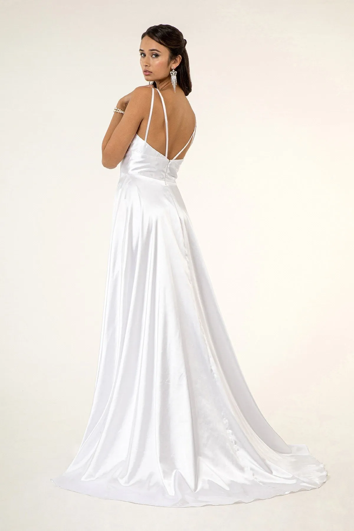 GL 2963 - Stretch Satin A-Line Prom Gown with Ruched V-Neck Bodice & Strappy Back