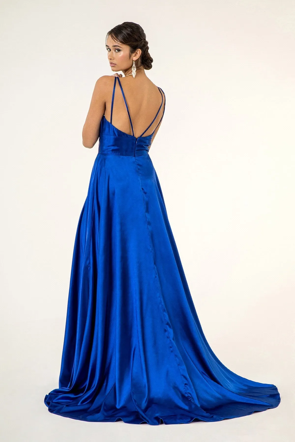 GL 2963 - Stretch Satin A-Line Prom Gown with Ruched V-Neck Bodice & Strappy Back