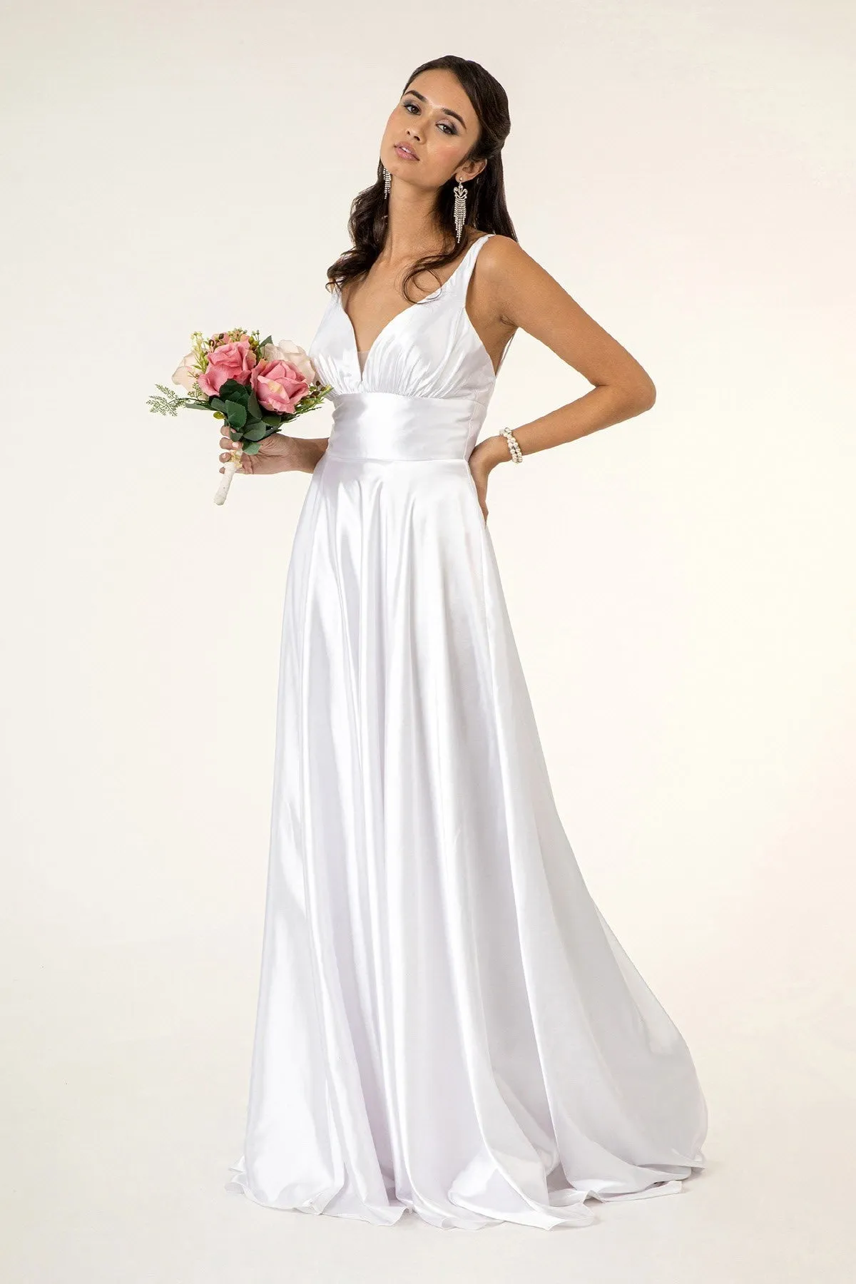 GL 2963 - Stretch Satin A-Line Prom Gown with Ruched V-Neck Bodice & Strappy Back