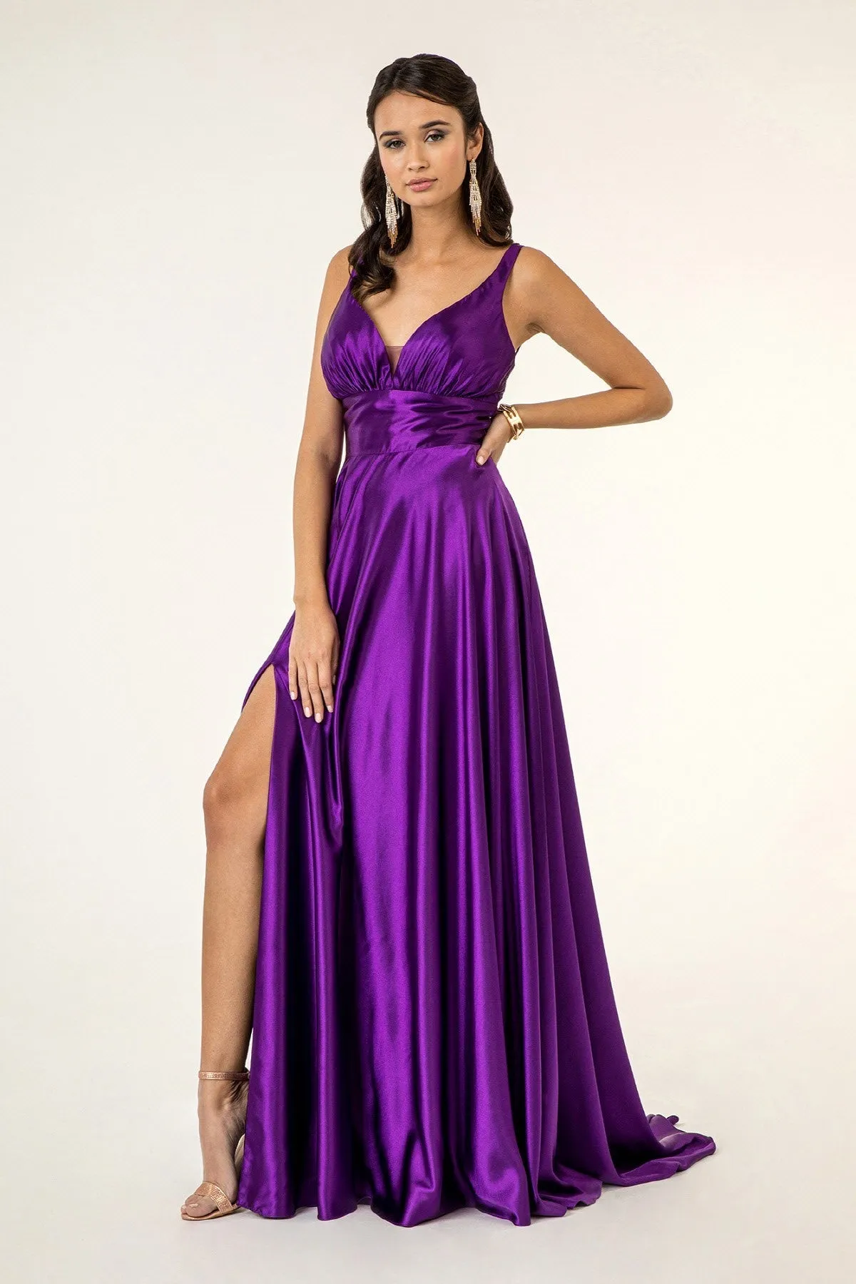 GL 2963 - Stretch Satin A-Line Prom Gown with Ruched V-Neck Bodice & Strappy Back